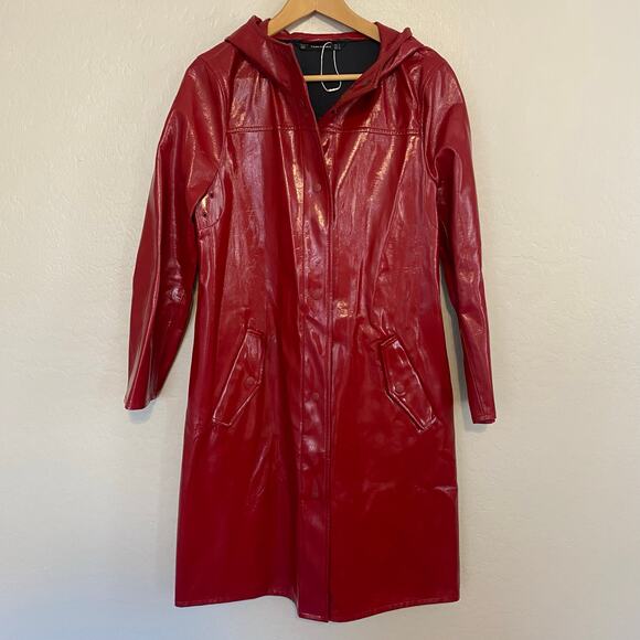 ZARA Raincoat Trench Coat Womens Size Small Red Patent Faux Leather Hooded - Picture 2 of 7